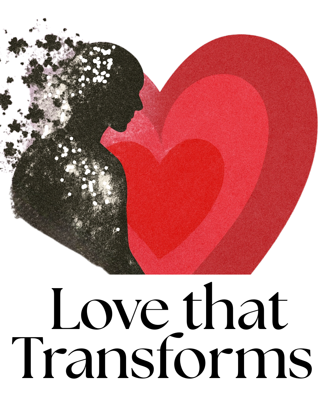 Abstract digital illustration featuring a human silhouette dissolving into textured particles, with a bold red heart at its center. Symbolizing the transformative process of Christ's love, with blotches of white illustrating the cleansing and renewal of the individual.