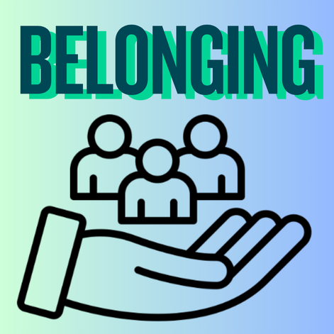 Illustration showing the word BELONGING above a hand gently holding three simplified human figures, symbolizing identity, care, and the human need for belonging.