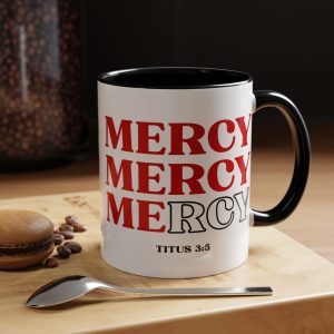 White ceramic Christian coffee mug with Mercy Mercy Mercy design and Titus 3:5 Bible verse