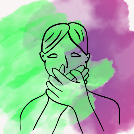 Minimal line drawing of a person covering their mouth with one hand, set against a soft watercolor background. The background blends light green hues on the left with muted purple tones on the right, visually suggesting silence, restraint, or unspoken words.